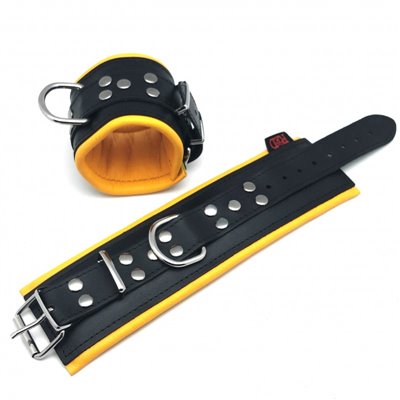 Leather handcuff - Padding - Black/Yellow